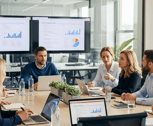 A care leadership team reviewing business performance dashboards in a meeting