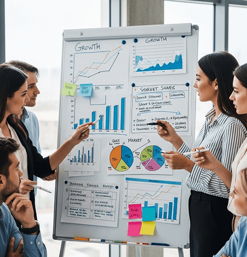A team reviewing growth and market share charts on a whiteboard