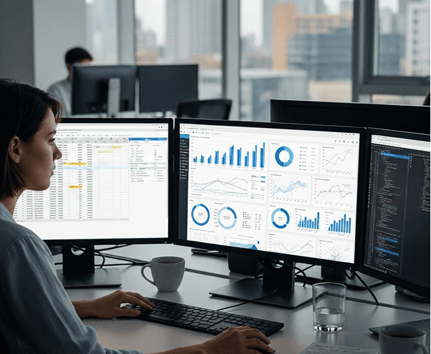 A care manager reviewing operational dashboards across multiple screens