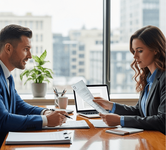 A care manager interviewing a candidate for a care role