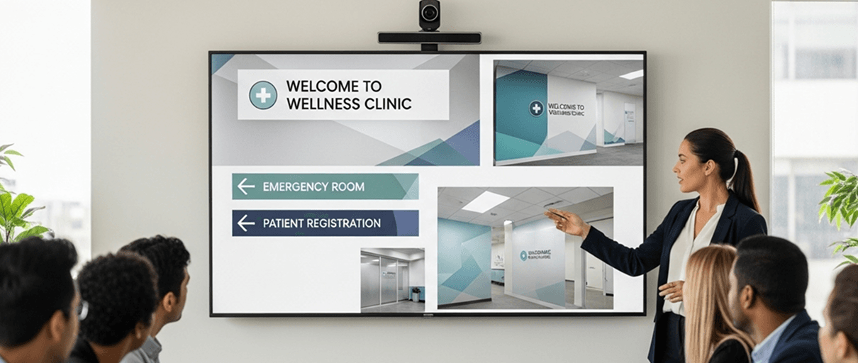 A designer presenting wayfinding signage concepts to a care team