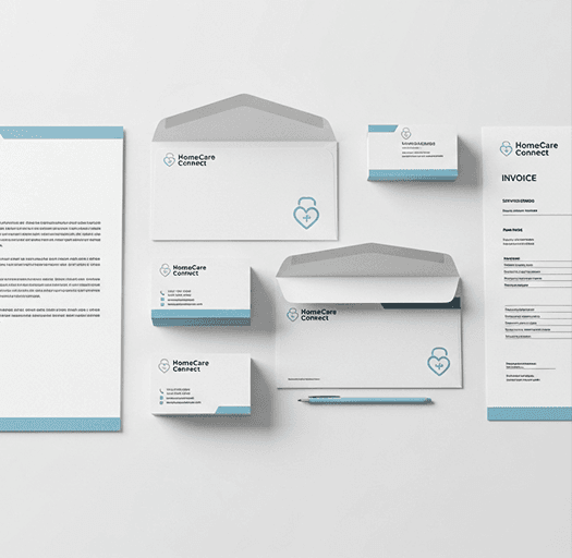 A branded stationery set with letterheads, business cards and envelopes