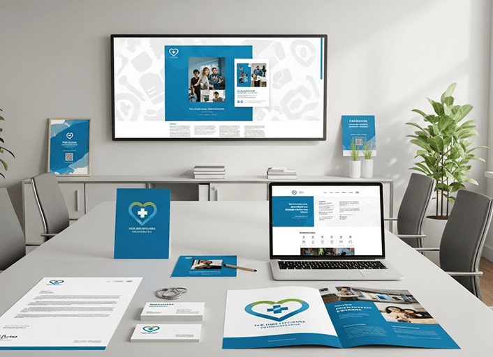 A complete branded identity displayed across print and digital materials
