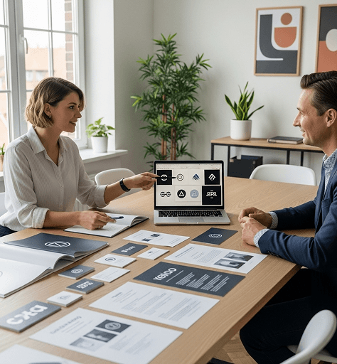 A design team reviewing logo concepts and printed brand materials