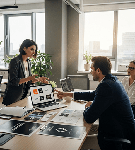 A care team reviewing branded design materials in a meeting