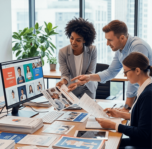 A marketing team reviewing printed materials for a care agency