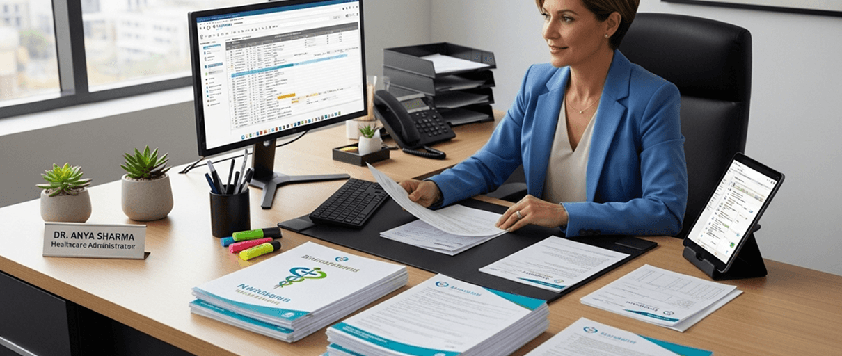 A healthcare administrator working with branded operational documents