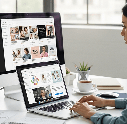A marketer designing branded social media posts on a laptop