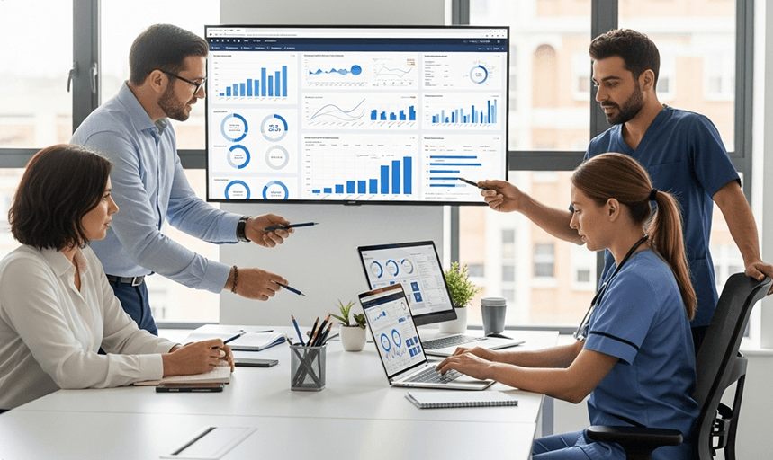 A healthcare marketing team reviewing analytics dashboards on a large screen