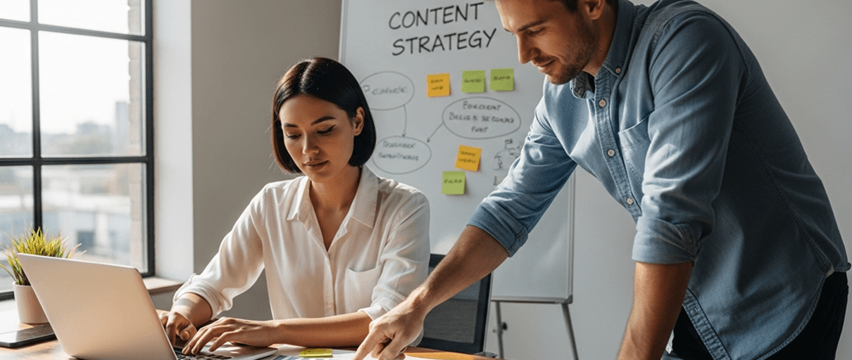 Two colleagues mapping out a content strategy at a whiteboard
