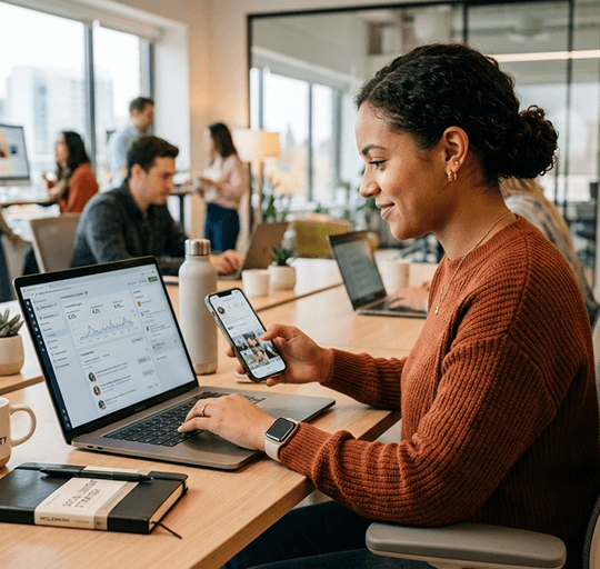 A care marketer managing social media on a laptop and phone in an office