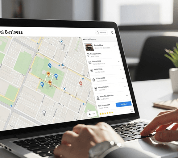 A laptop showing a local business map listing in Google search results