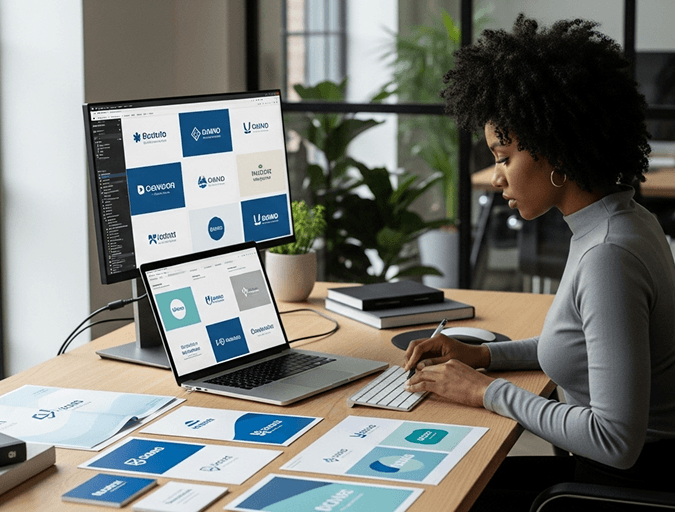 A designer developing brand identity assets for a care company