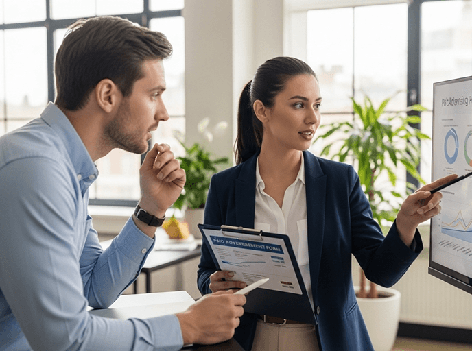 Two consultants reviewing a paid advertising performance report