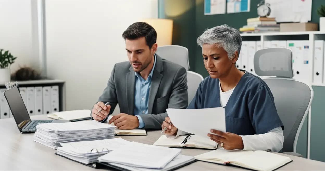 Doctor with laptop and mature woman with documents