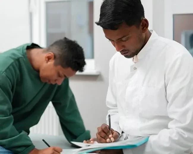 Care worker supporting a person while reviewing documents