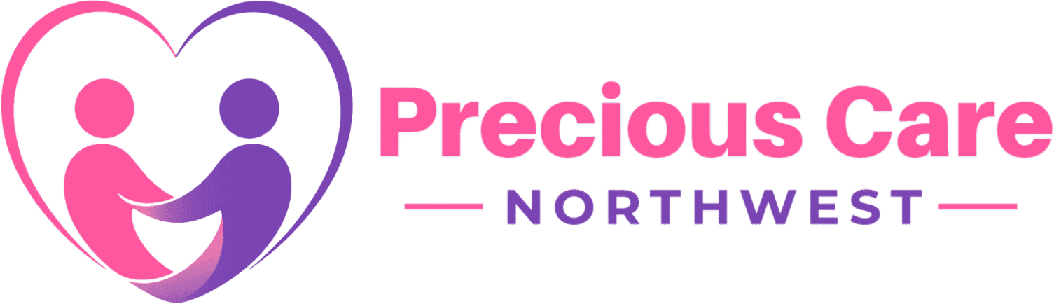 Precious Care North West logo: two figures inside a pink and purple heart, beside the name Precious Care Northwest