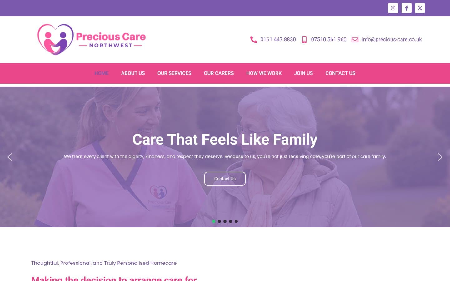Precious Care North West website home page on a desktop screen: Care That Feels Like Family