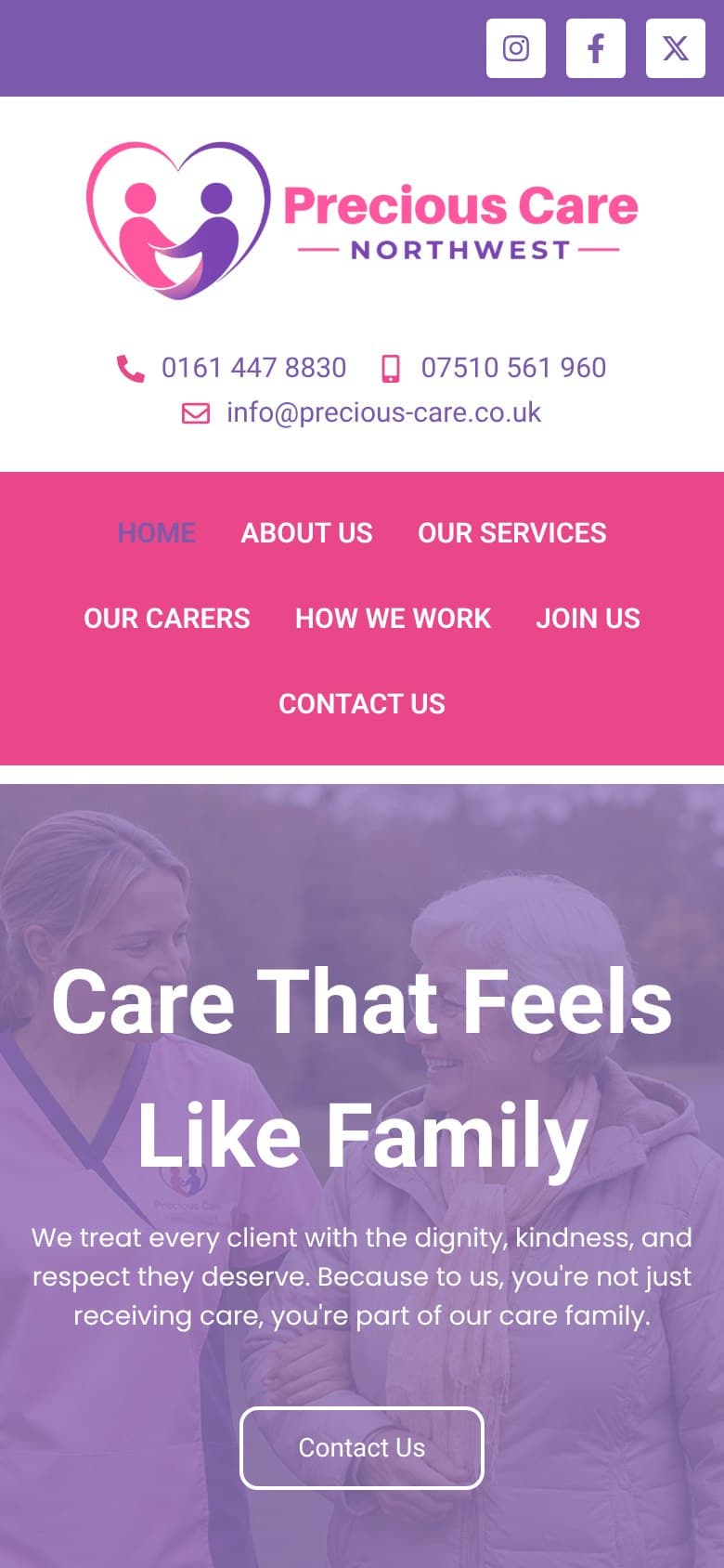 Precious Care North West website on a mobile phone