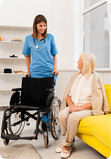 A care worker supporting an older person in their own home in Wales