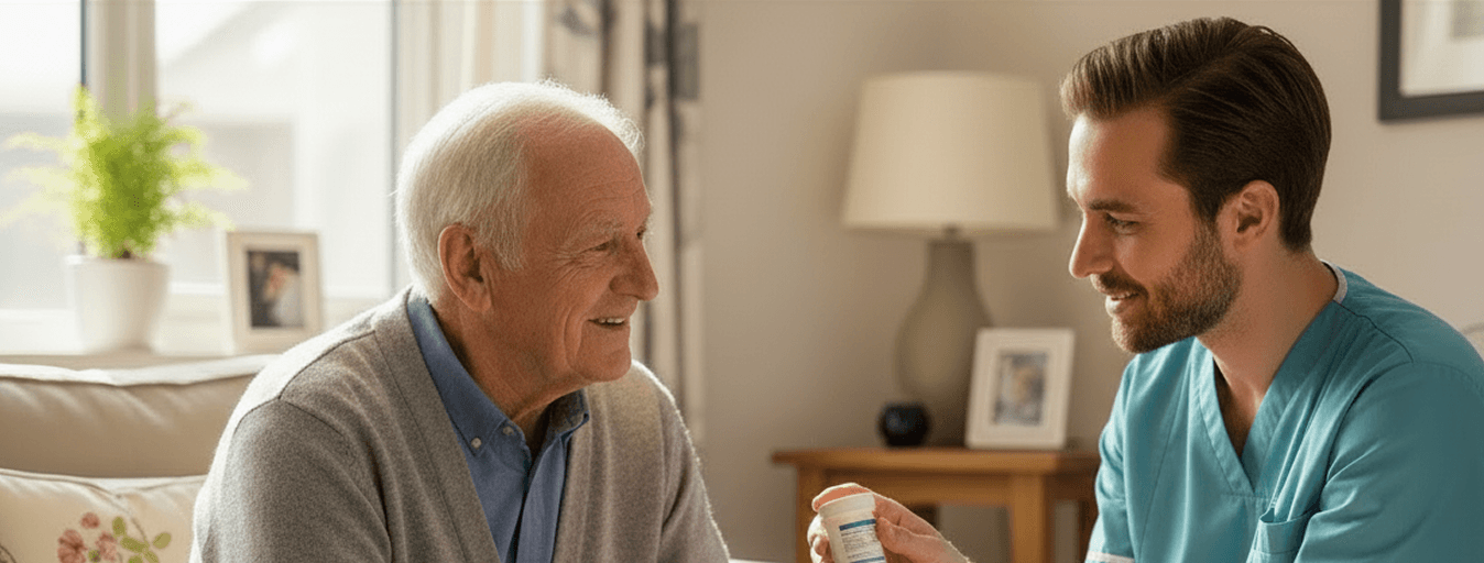 A carer talking with an older man at home