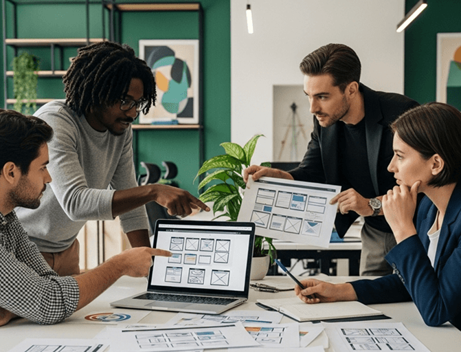 A marketing team reviewing website designs together