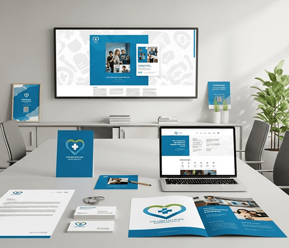Care brand identity applied across print and digital materials