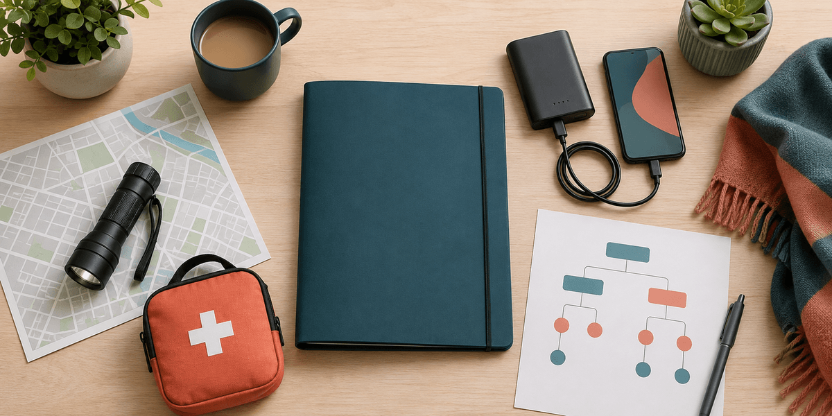 Domiciliary care business continuity plan toolkit with a folder, map, power bank, torch and contact tree
