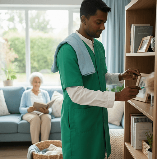 A care worker supporting an older person at home