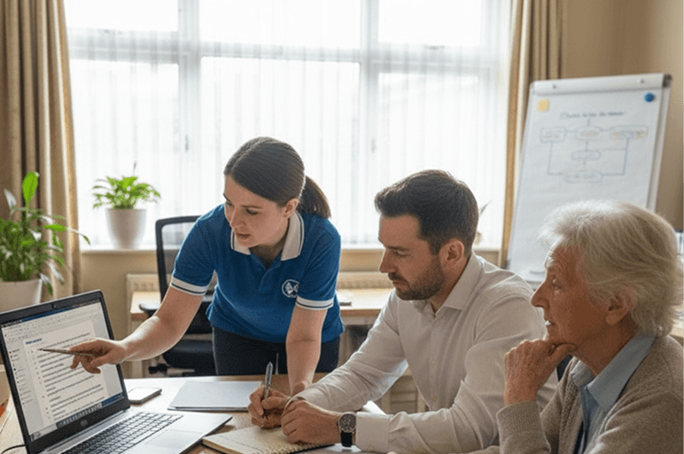 A care provider reviewing tender data on a laptop with colleagues