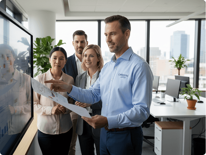 A CareSync consultant reviewing interview documents with a provider team