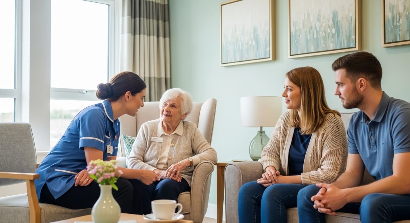 Care worker speaking with an older person and family