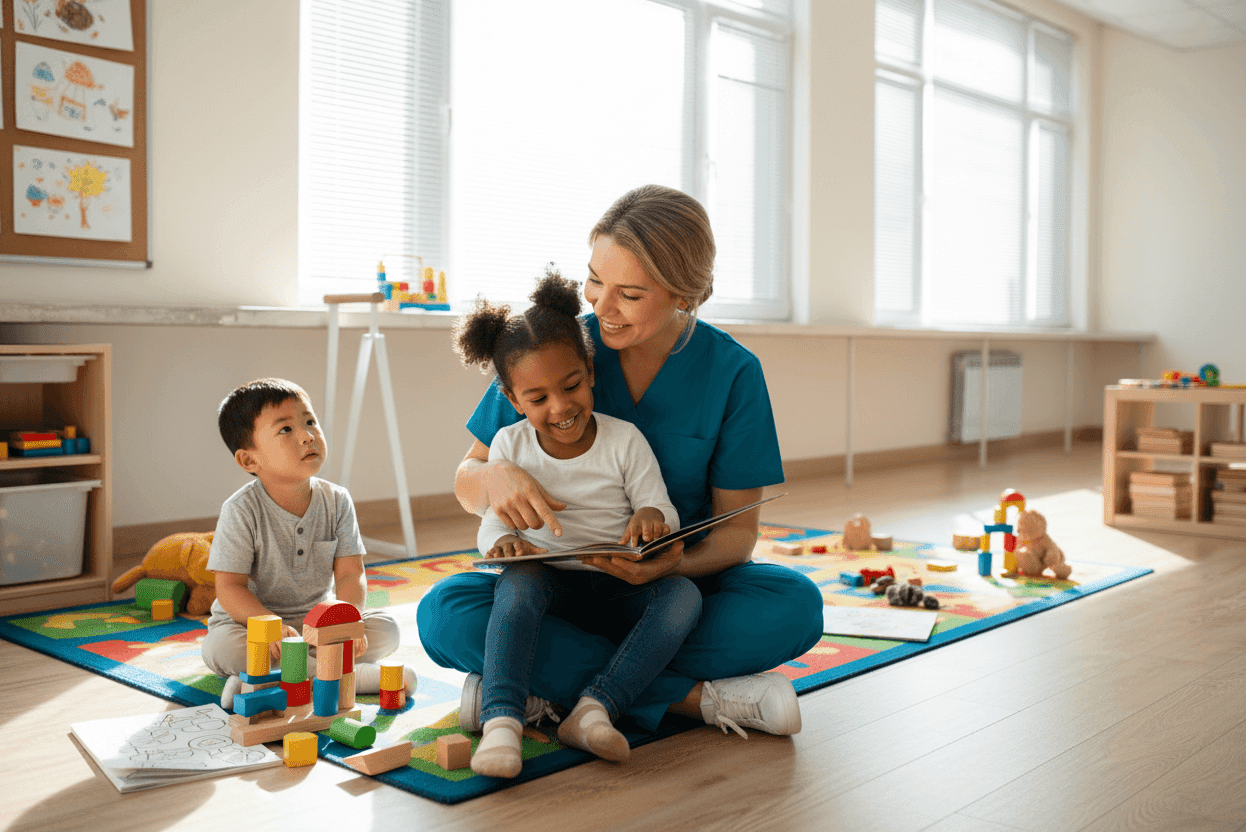 Support worker helping young children in a supported accommodation setting