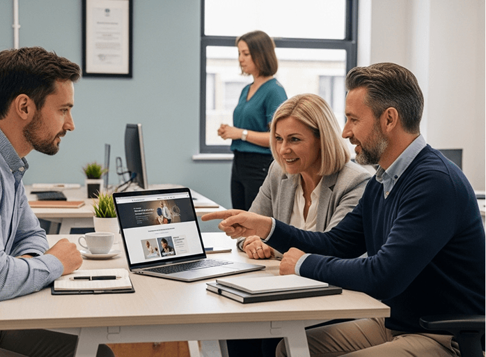 A care team reviewing a website design on a laptop