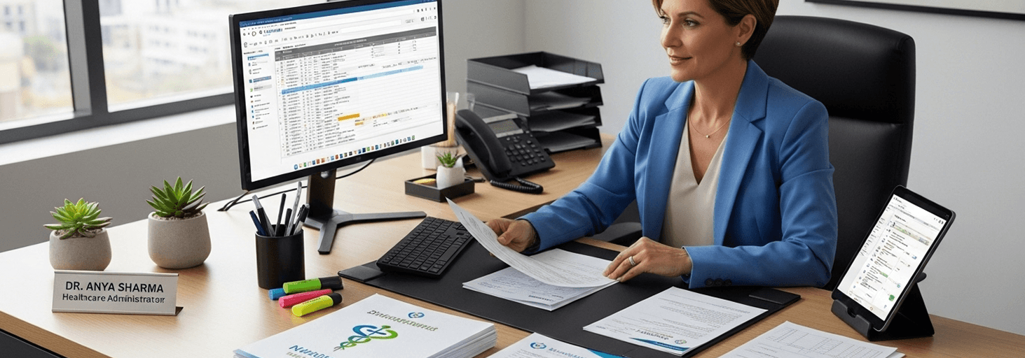 A healthcare administrator working at her desk