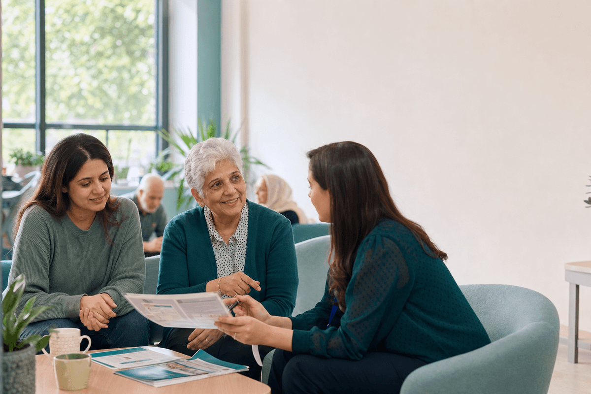 Dementia Support Service tender discussion with an older woman, family member and community service navigator