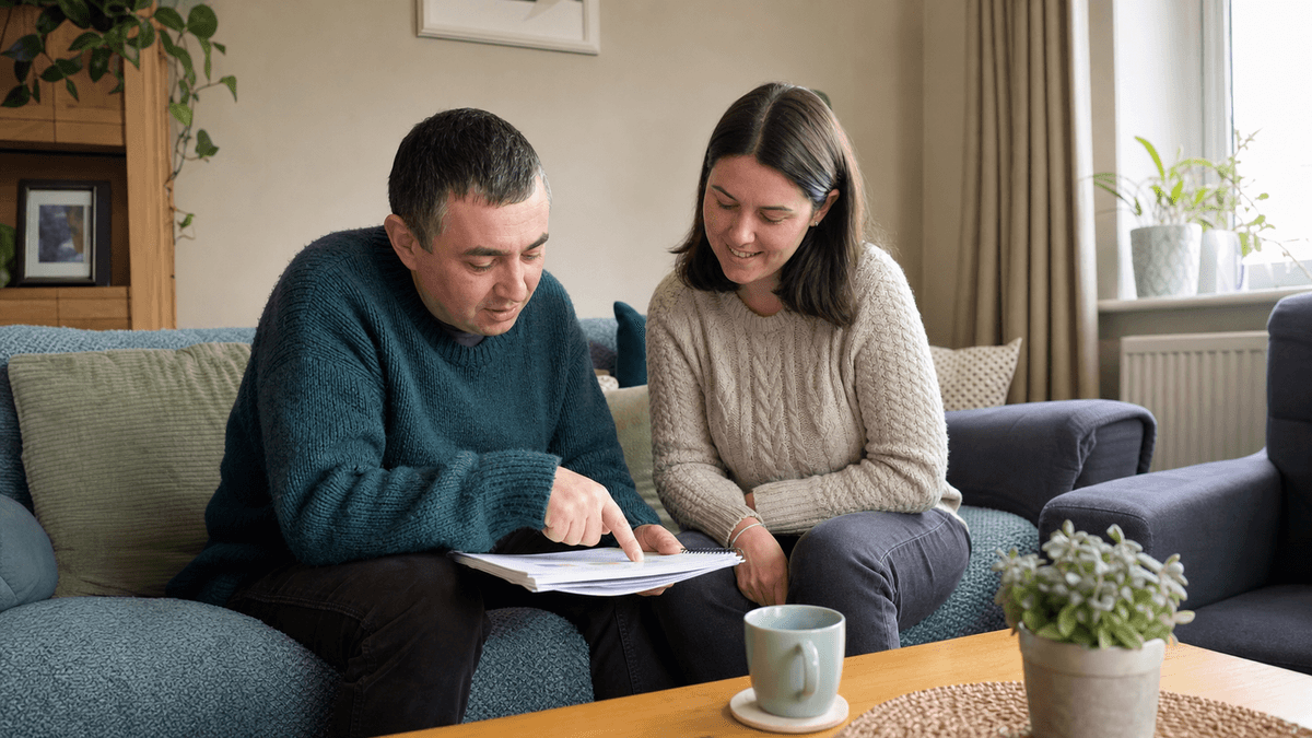 Adult and support worker reviewing a person-centred independence plan at home