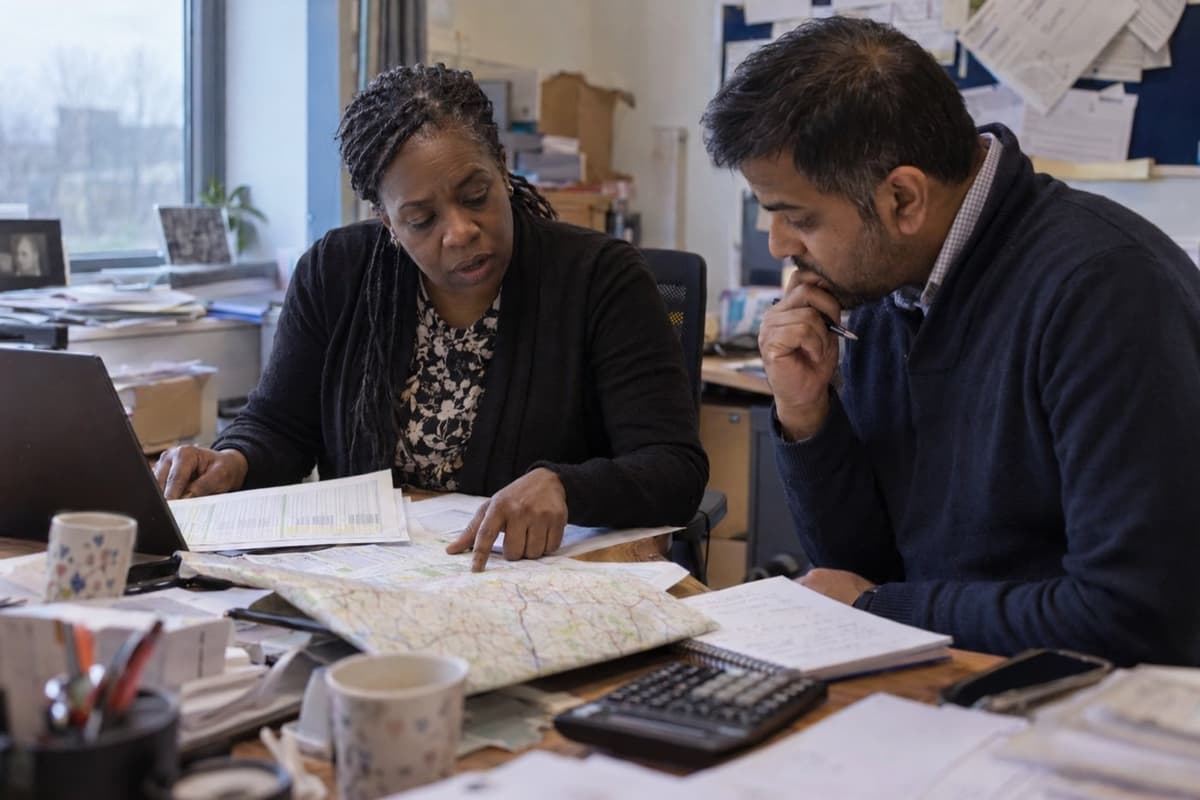 Two care managers reviewing staffing capacity and local routes for an HPFT tender